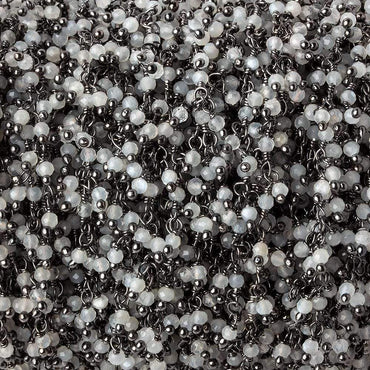 2mm White Moonstone micro faceted round Black Gold Dangling Chain by the foot (ONLINE ORDER ONLY)