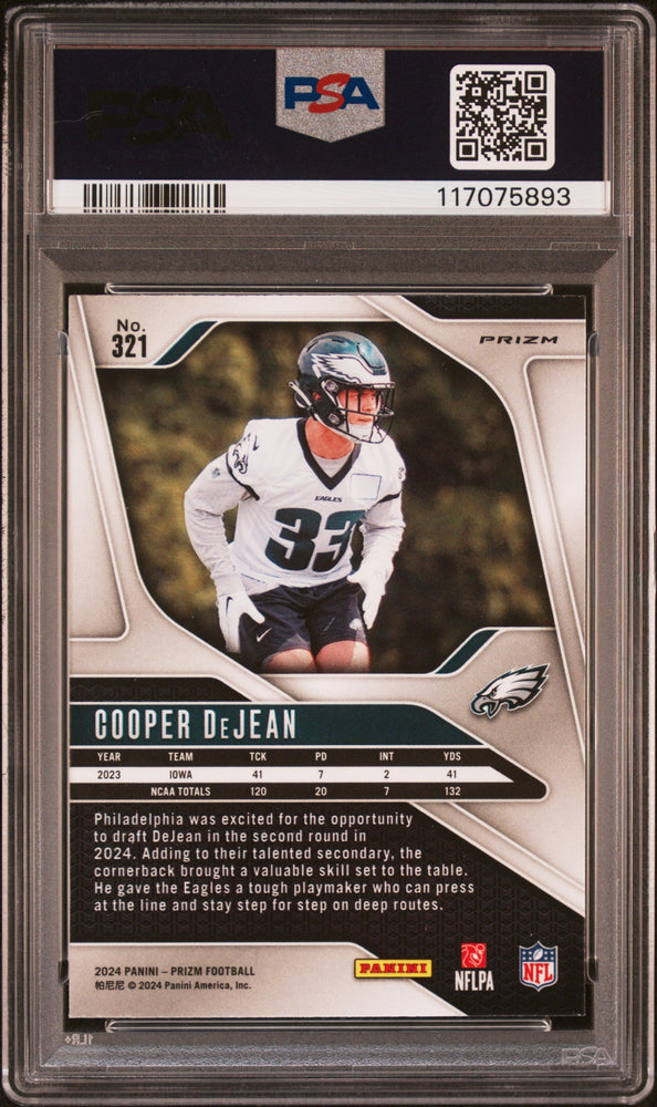 Graded 2024 Panini Prizm Cooper DeJean #321 Disco Prizm Rookie RC Football Card PSA 10 Gem Mint (ONLINE ORDER ONLY)