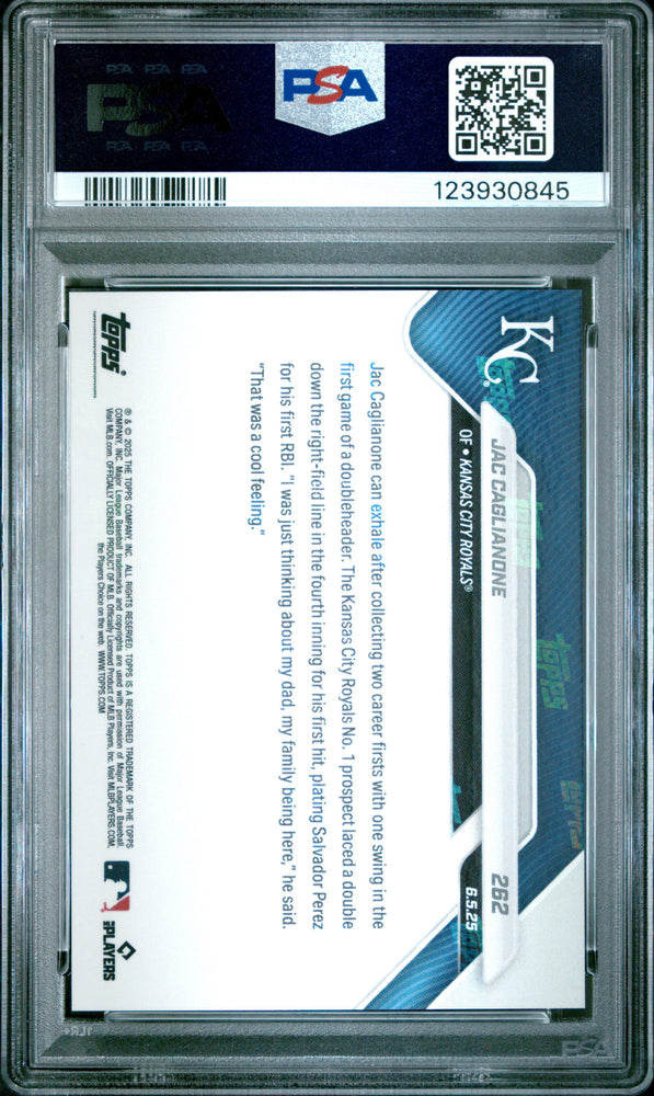 Graded 2025 Topps Now Jac Caglianone #262 Rookie RC Baseball Card PSA 10 Gem Mint (ONLINE ORDER ONLY)