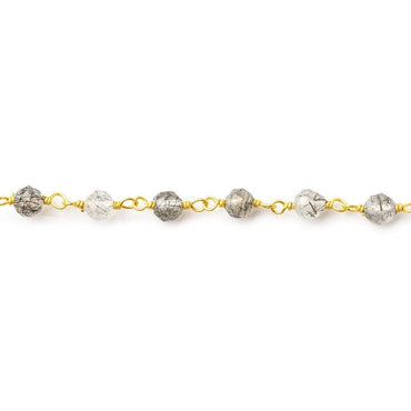 3-4mm Black Tourmalinated Quartz faceted round Vermeil Chain by the foot (ONLINE ORDER ONLY)