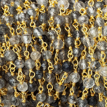 3-4mm Black Tourmalinated Quartz faceted round Vermeil Chain by the foot (ONLINE ORDER ONLY)