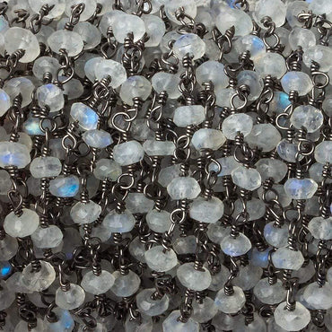 3-4mm Rainbow Moonstone Faceted Rondelle Black Gold plated Chain by the foot 34 pcs (ONLINE ORDER ONLY)
