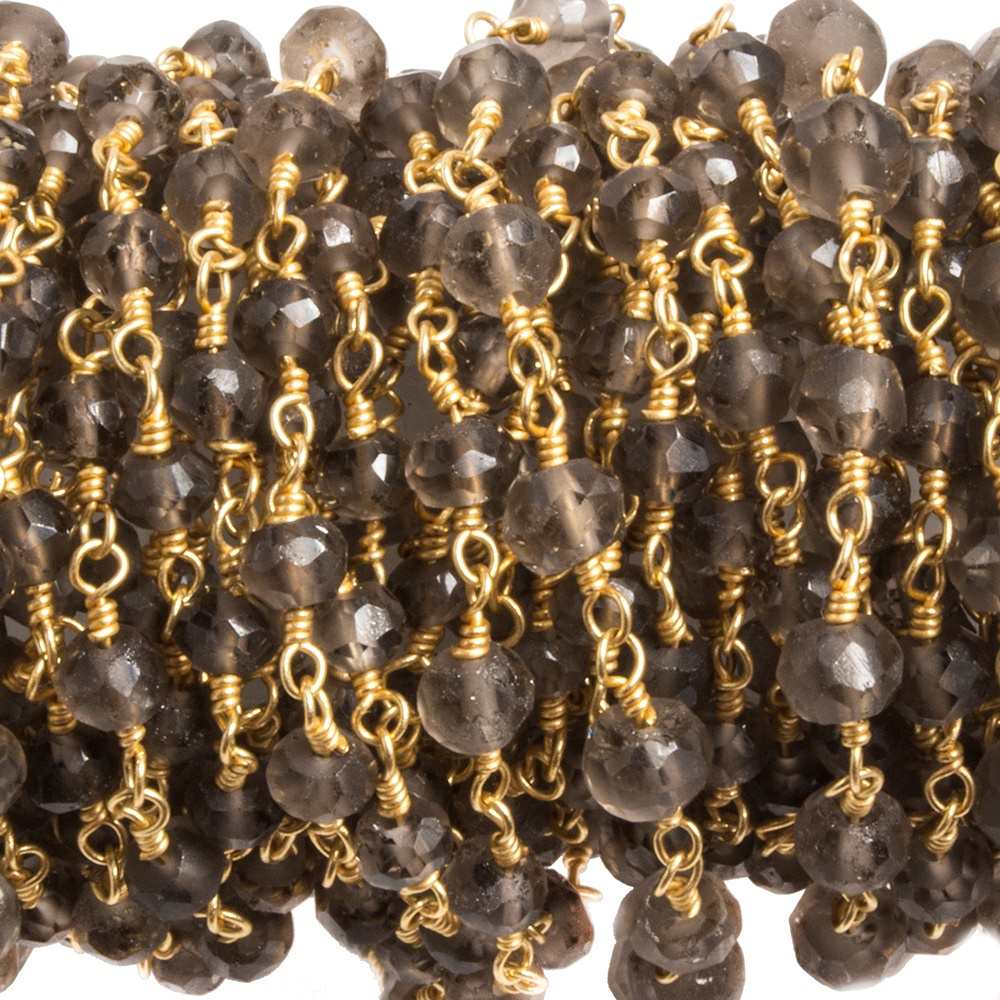 3-4mm Smoky Quartz round Gold plated Chain by the foot 36 pieces (ONLINE ORDER ONLY)