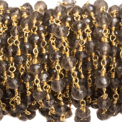 3-4mm Smoky Quartz round Gold plated Chain by the foot 36 pieces (ONLINE ORDER ONLY)