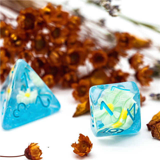 Sunflower Blue (Resin Flower) Dice 7-Dice Set Resin Dungeons and Dragons Dice (Online Only)