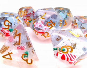 Red & White Stocking Inclusion with Frost and Tree 7-Dice Set RPG DND (Online Only)