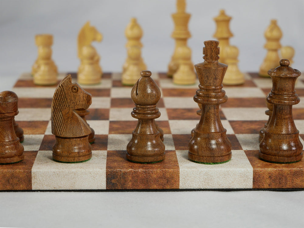 Chess Set - Sheesham/Boxwood German Knight on Caramel & Cream Leatherette Board (ONLINE ORDER ONLY)