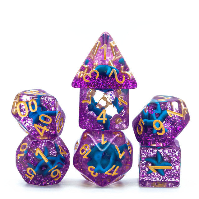 Purple w/Blue Starfish Dice 7-Dice Set Resin Dungeons and Dragons Dice (Online Only)