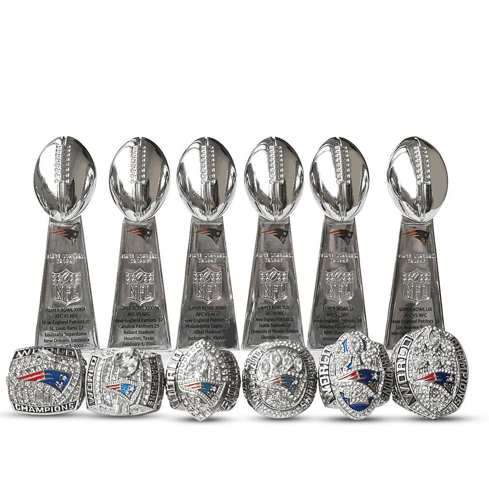 New England Patriots Super Bowl Championship Ring & Trophy Set– 2002, 2004, 2005, 2015, 2017 & 2019