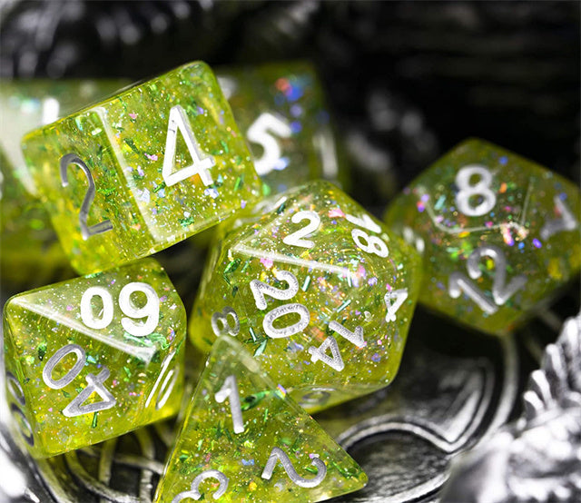 Green Cloud Brocade Powder 7-Dice Dnd Dice | Glitter w/Silver Numbers Set (Online Only)