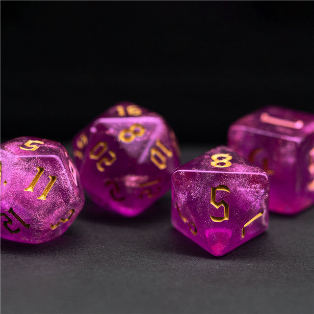 Violet Glitter Party Glitter Dice (Gold font) 7-Dice Set RPG DND (Online Only)