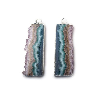 32x12mm Silver Leafed Amethyst & Chalcedony Drusy Natural Slice Pendant Set of 2 (ONLINE ORDER ONLY)