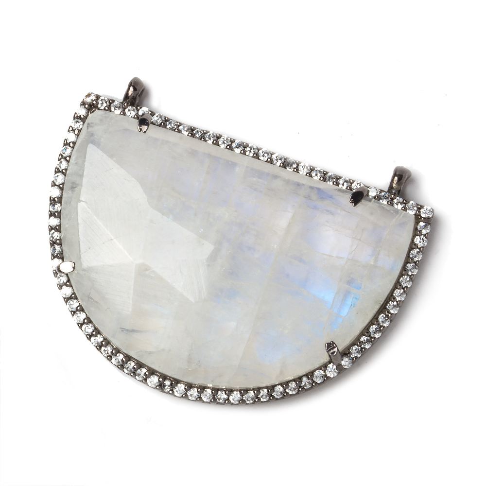 32x23mm Black Gold Bezel CZ and Rainbow Moonstone Half Moon 2 ring Connector 1 piece (ONLINE ORDER ONLY)