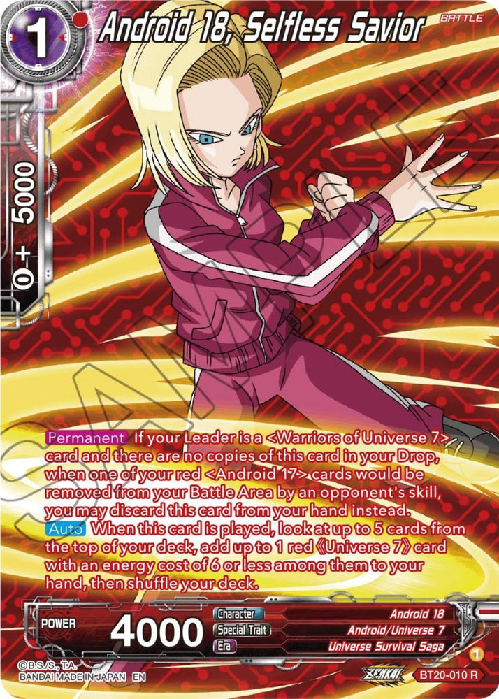 Android 18, Selfless Savior (Silver Foil) (BT20-010) [Power Absorbed] (ONLINE ORDER ONLY)