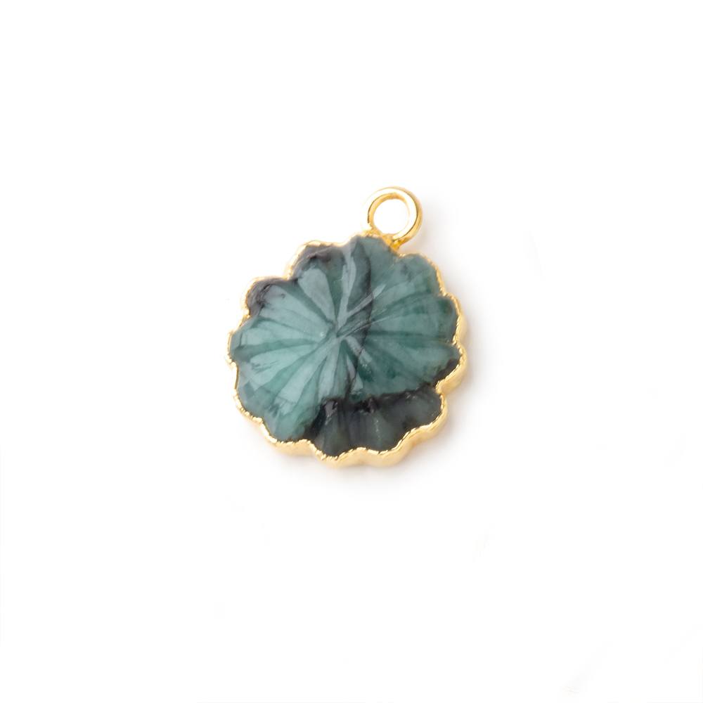 11mm 22kt Gold Leafed Brazilian Emerald carved floral coin Pendant 1 focal bead (ONLINE ORDER ONLY)