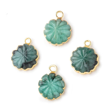 11mm 22kt Gold Leafed Brazilian Emerald carved floral coin Pendant 1 focal bead (ONLINE ORDER ONLY)