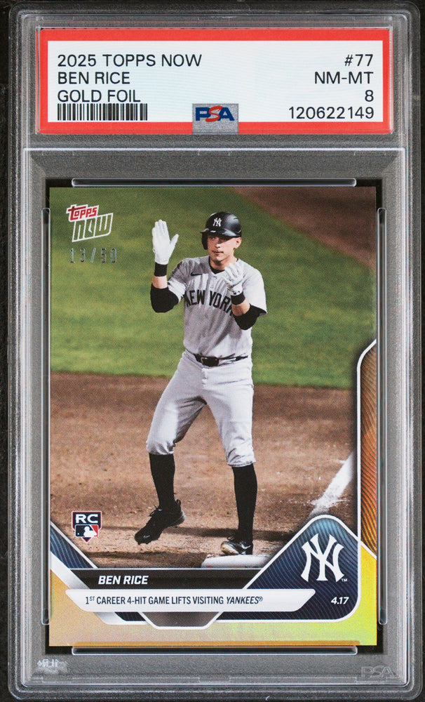 Graded 2025 Topps Now Ben Rice #77 Gold Foil /50 Rookie RC Baseball Card PSA 8 Near Mint (ONLINE ORDER ONLY)