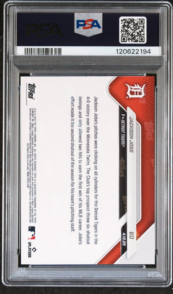 Graded 2025 Topps Now Jackson Jobe #60 Rookie RC Baseball Card PSA 10 Gem Mint (ONLINE ORDER ONLY)