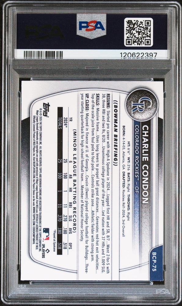 Graded 2025 Topps Bowman Charlie Condon #BCP75 Chrome Prospects Rookie RC Baseball Card PSA 9 Mint (ONLINE ORDER ONLY)