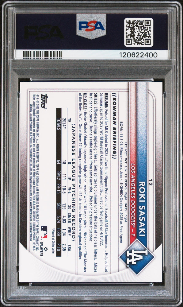 Graded 2025 Topps Bowman Roki Sasaki #12 Rookie RC Baseball Card PSA 10 Gem Mint (ONLINE ORDER ONLY)