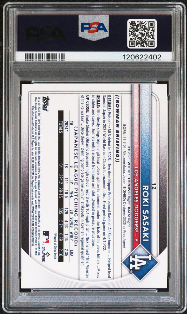 Graded 2025 Topps Bowman Roki Sasaki #12 Rookie RC Baseball Card PSA 8 Near Mint (ONLINE ORDER ONLY)