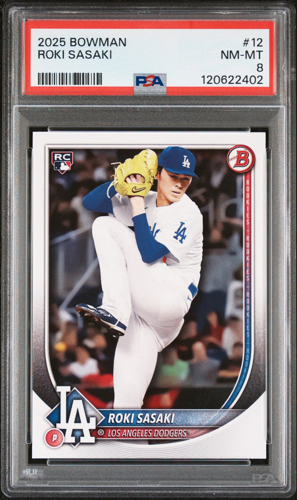 Graded 2025 Topps Bowman Roki Sasaki #12 Rookie RC Baseball Card PSA 8 Near Mint (ONLINE ORDER ONLY)