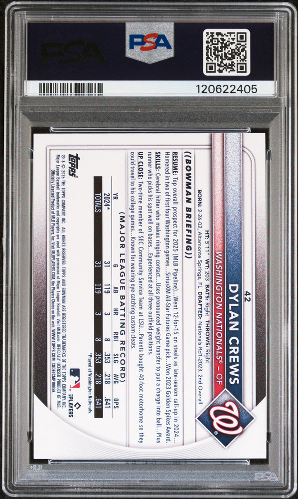 Graded 2025 Topps Bowman Dylan Crews #42 Rookie RC Baseball Card PSA 6 Excellent (ONLINE ORDER ONLY)