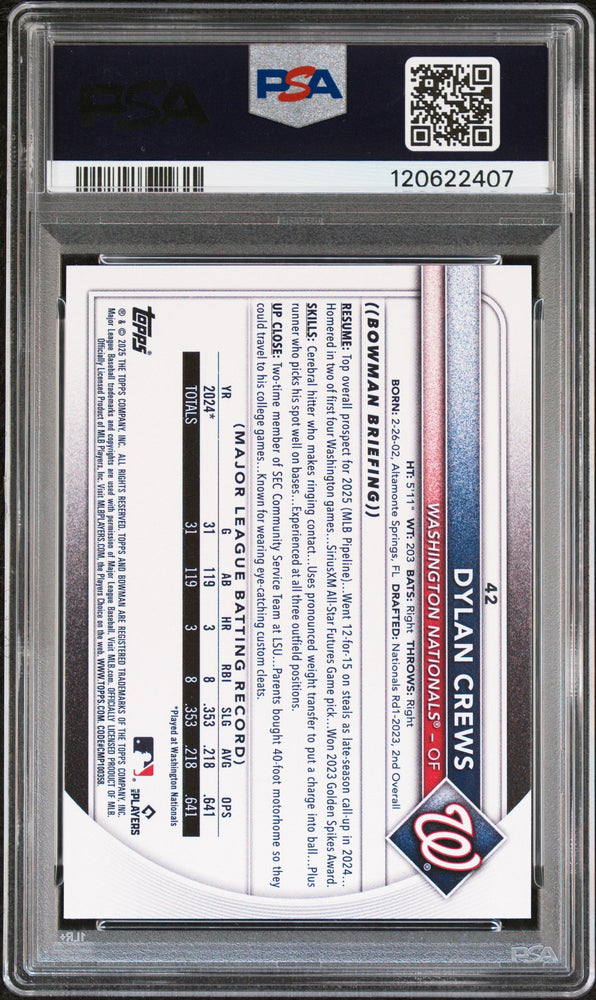 Graded 2025 Topps Bowman Dylan Crews #42 Rookie RC Baseball Card PSA 9 Mint (ONLINE ORDER ONLY)