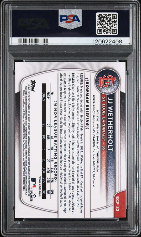 Graded 2025 Topps Bowman JJ Wetherholt #BCP22 Chrome Prospects Rookie RC Baseball Card PSA 9 Mint (ONLINE ORDER ONLY)