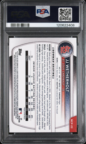Graded 2025 Topps Bowman JJ Wetherholt #BCP22 Chrome Prospects Rookie RC Baseball Card PSA 9 Mint (ONLINE ORDER ONLY)