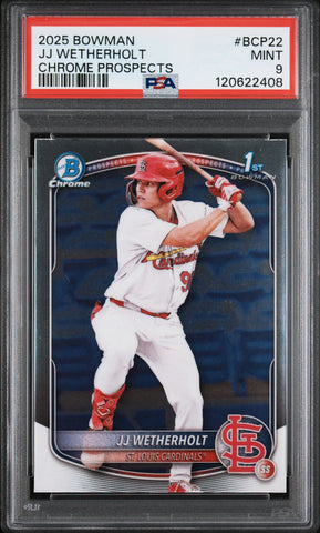 Graded 2025 Topps Bowman JJ Wetherholt #BCP22 Chrome Prospects Rookie RC Baseball Card PSA 9 Mint (ONLINE ORDER ONLY)