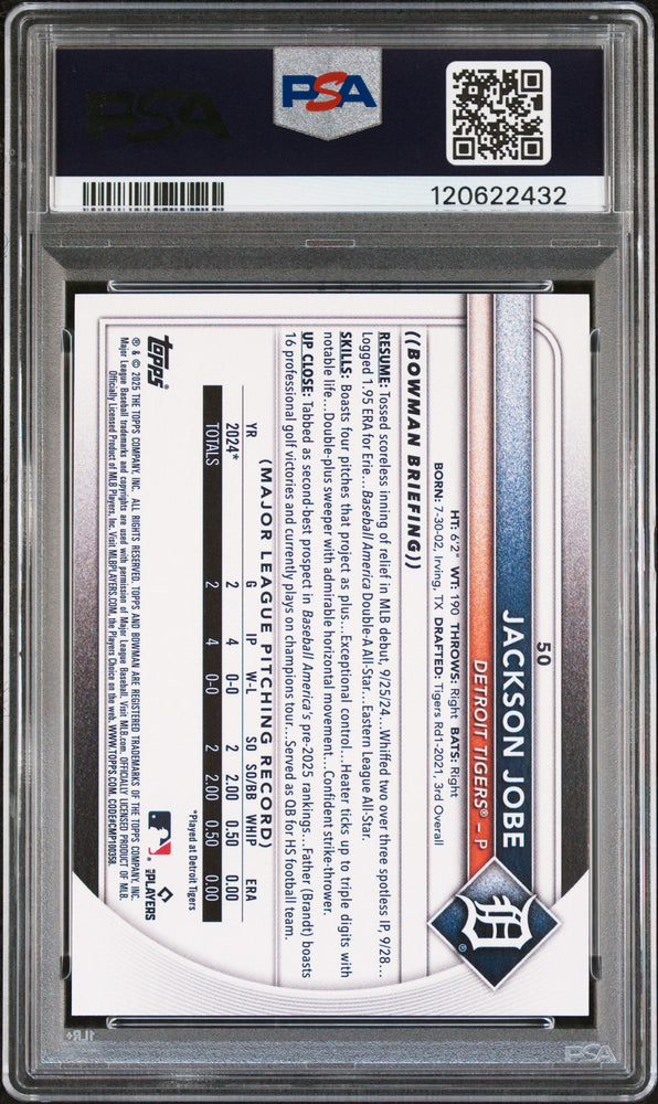 Graded 2025 Topps Bowman Jackson Jobe #50 Rookie RC Baseball Card PSA 10 Gem Mint (ONLINE ORDER ONLY)