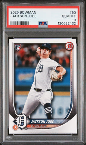 Graded 2025 Topps Bowman Jackson Jobe #50 Rookie RC Baseball Card PSA 10 Gem Mint (ONLINE ORDER ONLY)