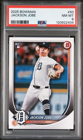 Graded 2025 Topps Bowman Jackson Jobe #50 Rookie RC Baseball Card PSA 8 Near Mint (ONLINE ORDER ONLY)
