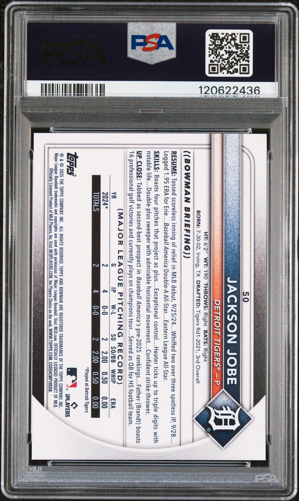 Graded 2025 Topps Bowman Jackson Jobe #50 Rookie RC Baseball Card PSA 9 Mint (ONLINE ORDER ONLY)