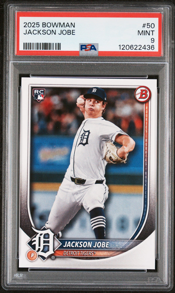 Graded 2025 Topps Bowman Jackson Jobe #50 Rookie RC Baseball Card PSA 9 Mint (ONLINE ORDER ONLY)