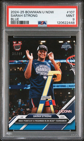 Graded 2024 Topps Bowman U Now Sarah Strong #107 Blue /49 Rookie RC Basketball Card PSA 9 Mint (ONLINE ORDER ONLY)