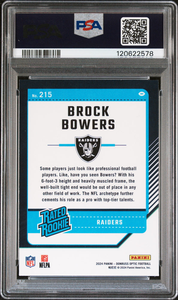 Graded 2024 Panini Donruss Optic Brock Bowers #215 Rookie RC Football Card PSA 10 Gem Mint (ONLINE ORDER ONLY)