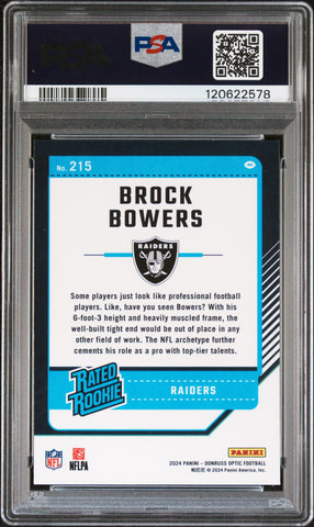 Graded 2024 Panini Donruss Optic Brock Bowers #215 Rookie RC Football Card PSA 10 Gem Mint (ONLINE ORDER ONLY)