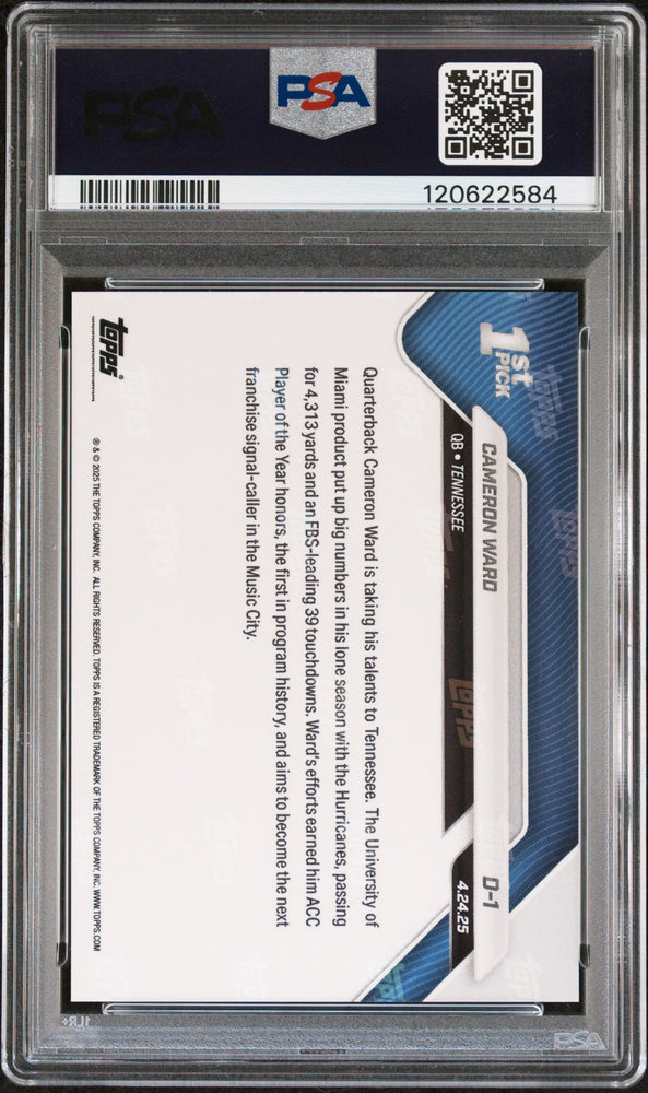 Graded 2025 Topps Now Cam Ward #D1 Black Foil /10 Rookie RC Football Card PSA 9 Mint (ONLINE ORDER ONLY)