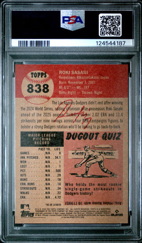 Graded 2025 Topps Living Roki Sasaki #838 Rookie RC Baseball Card PSA 8 Near Mint (ONLINE ORDER ONLY)