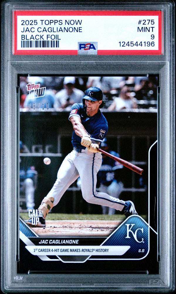 Graded 2025 Topps Now Jac Caglianone #275 Black Foil /10 Rookie RC Baseball Card PSA 9 Mint (ONLINE ORDER ONLY)