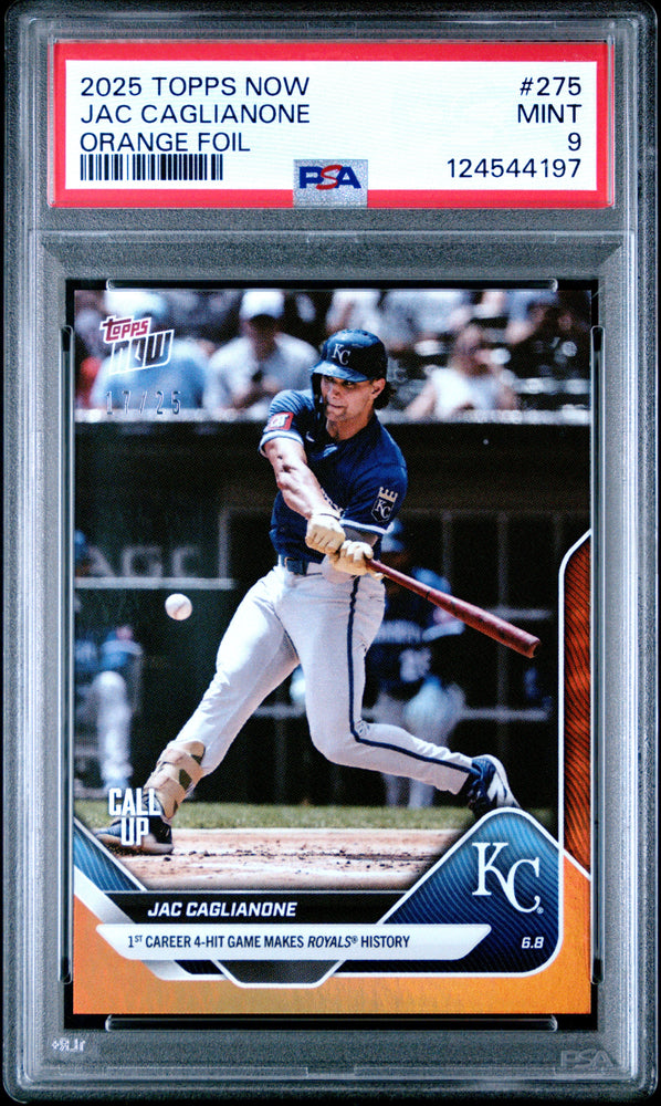 Graded 2025 Topps Now Jac Caglianone #275 Orange Foil /25 Rookie RC Baseball Card PSA 9 Mint (ONLINE ORDER ONLY)