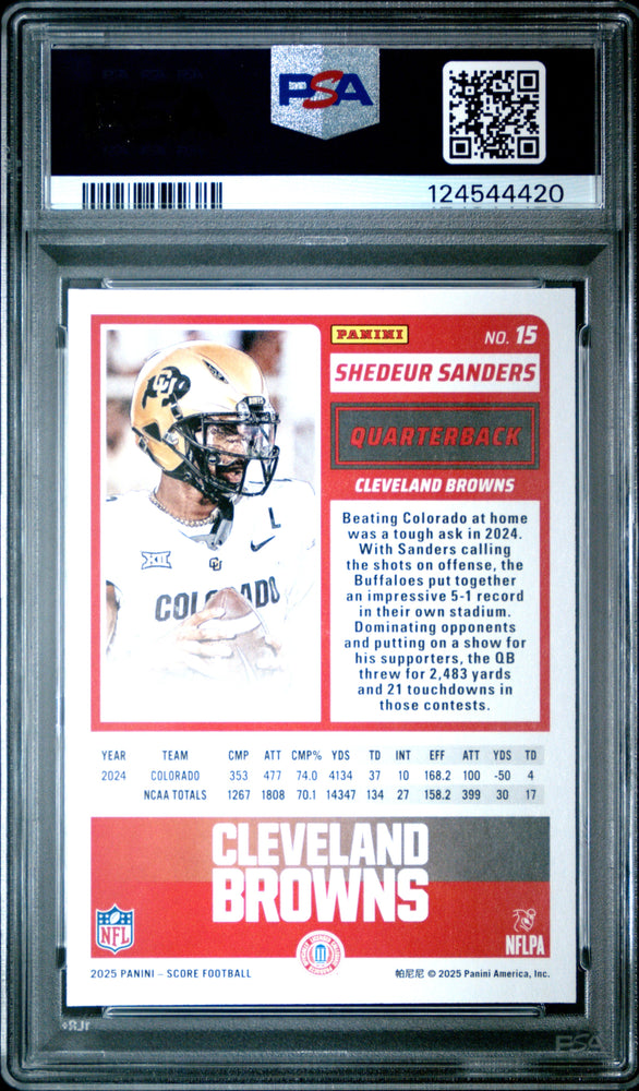 Graded 2025 Panini Score Shedeur Sanders #15 Rookie RC Football Card PSA 9 Mint (ONLINE ORDER ONLY)