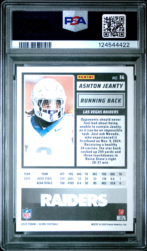 Graded 2025 Panini Score Ashton Jeanty #14 Rookie RC Football Card PSA 10 Gem Mint (ONLINE ORDER ONLY)