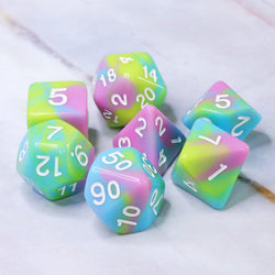Childhood Pink/Blue/Green/Yellow Blend with White Numbering 7-Dice Set RPG (Online Only)