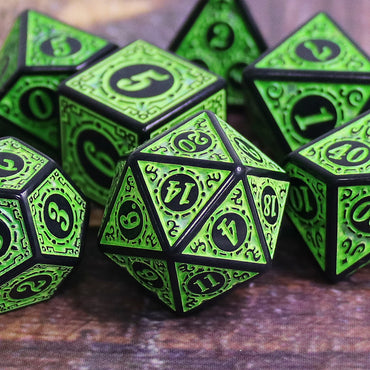 Green Magic Flame 7-Dice Set DND RPG Dice Black w/Color Fill (Online Only)