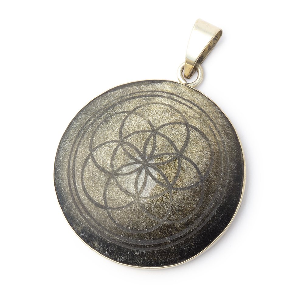 34mm .925 Silver Bezel Golden Sheen Obsidian Carved Coin Pendant 1 Piece (ONLINE ORDER ONLY)