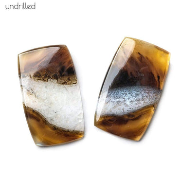 34x20x4mm Cream & Brown Agate with Drusy Plain Rectangle Gem Quality Focal Set of 2 (ONLINE ORDER ONLY)