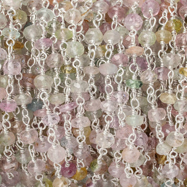 3.5-4mm Afghani Multi Color Tourmaline faceted rondelle Sterling Silver Chain by the foot 42 pieces (ONLINE ORDER ONLY)